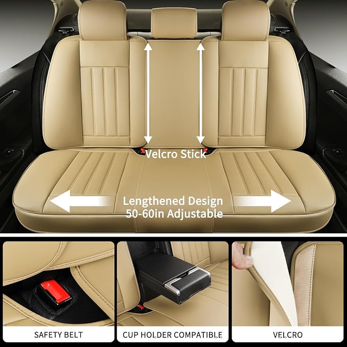 Beige Leather Seat Covers, 5 Seats Universal Car Seat Covers Full Set, Waterproof Automotive Seat Covers Breathable Front and Rear Seat Covers for Most Sedans SUVs Trucks