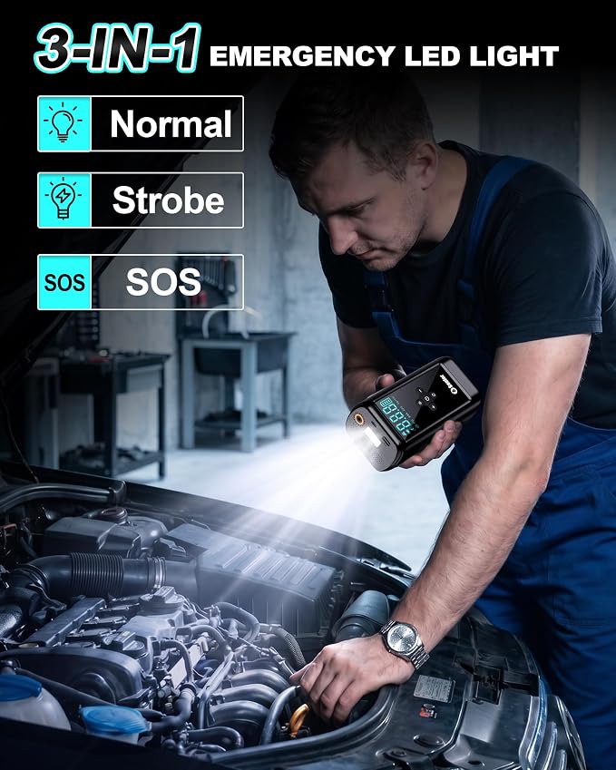 Jump Starter with Air Compressor Battery Jumper Starter Portable 6000A Car Battery Jump Starter with 160PSI Portable Tire Inflator, LED Light, Case (All Gas/14L Diesel)