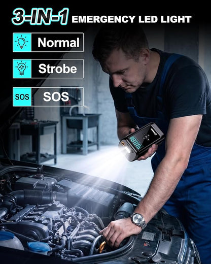 Jump Starter with Air Compressor Battery Jumper Starter Portable 6000A Car Battery Jump Starter with 160PSI Portable Tire Inflator, LED Light, Case (All Gas/14L Diesel)