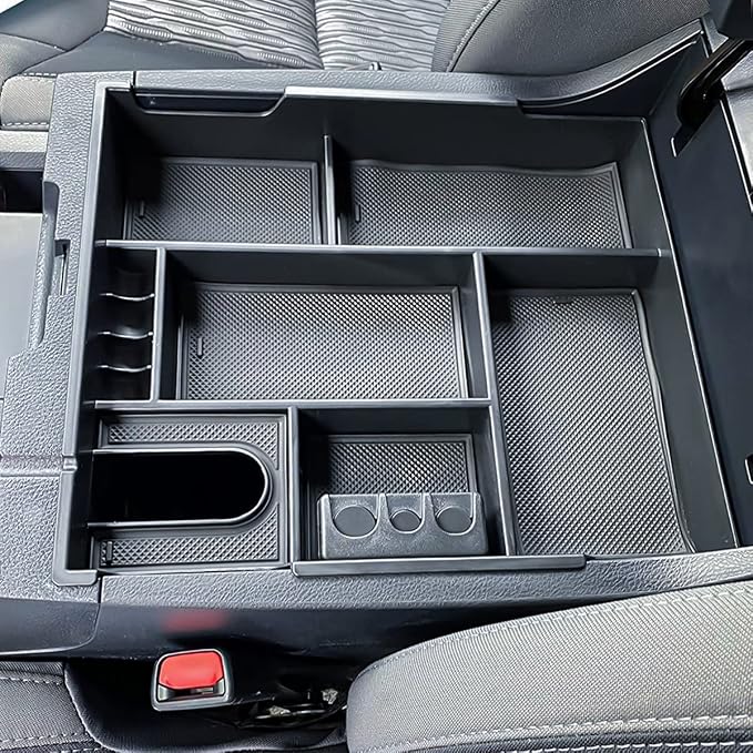 Center Console Organizer Compatible with 2014-2017 2018 2019 2020 2021 Tundra Accessories, Crewmax Interior Armrest Underseat Storage Box- Full-coverage Insert Tray, Black Trim