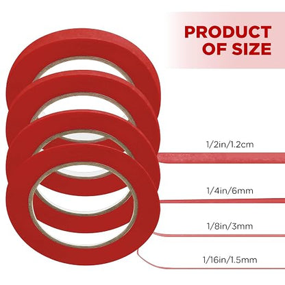 Epakh 4 Pack Painters Tape, Pinstripe Masking Tapes in 1/16, 1/8, 1/4 and 1/2 Inch Wide Suitable for Multi-Surface Automotive DIY Painting Labeling Arts Crafts Car Spray General Purpose(Red,55 yd)