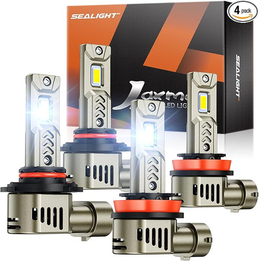 SEALIGHT 9005/HB3 H11/H9/H8 LED Bulbs Combo, 90000LM Brighter than Original Bulb, 6500K Daylight White, 25000RPM Cooling Fan with IP68 Waterproof, 70000Hrs , Pack of 4