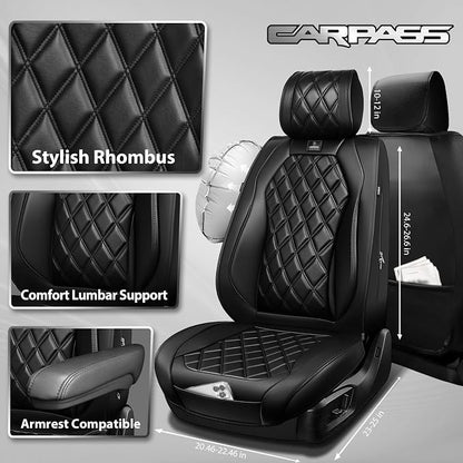 CAR PASS Luxury Nappa Leather Front Seat Covers, Waterproof Lumbar Support Seat Covers, Universal Anti Slip Seat Cushion Fit for Most Sedan SUV Truck Van, Armrest Airbag Compatible Rhomb Pure Black