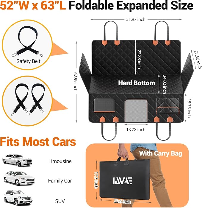 IJVAE Dog Seat Cover for Back Seat, Hard Bottom Back Seat Extender Holds 500 lbs, Waterproof & Nonslip Car Hammock for Large Pets, Comfortable Travel Seat Protector for SUV and Sedan