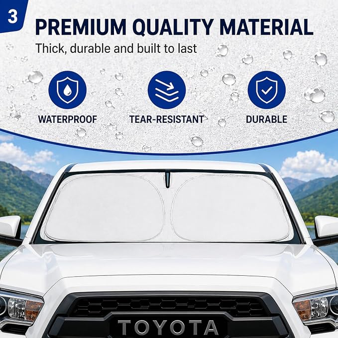 Windshield Sun Shade for 2016-2025 2026 Toyota Tacoma, Keeps Interior Cooler in Extreme Heat, Custom Fit Foldable Sunshade with Reinforced Frame UV Protection