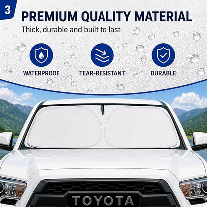 Windshield Sun Shade for 2016-2025 2026 Toyota Tacoma, Keeps Interior Cooler in Extreme Heat, Custom Fit Foldable Sunshade with Reinforced Frame UV Protection