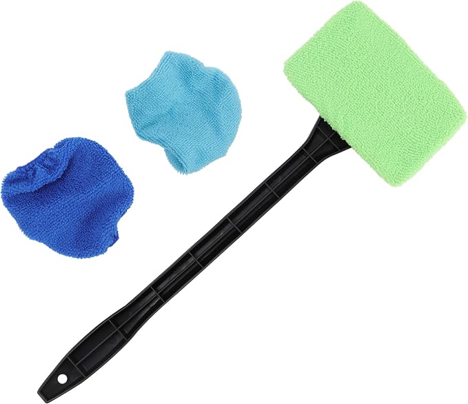 Windshield Cleaner Tool-Car Interior Window Cleaning Kit with Handle & 3 Microfiber Pads, Auto Inside Windshield Wiper Brush Washer Towel for Car & Home Windows