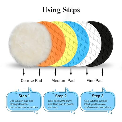 Autolock 7" Buffing Polishing Pads, 6 Pcs 7 Inch 180mm Face for 6.7 Inch Backing Plate, Compound Buffing Sponge and Woolen Pads, Cutting Polishing Pad Kit for Car Buffer Compounding, Polish and Wax