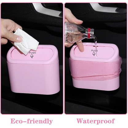 Car Trash Can Bin with Lid - 2 Packs Universal Vehicle Mini Leakproof Garbage Can Bin with 40pcs Trash Bags Can Organizer Storage for Front Back Seat Accessories for Auto Office Bedroom Home(Pink)