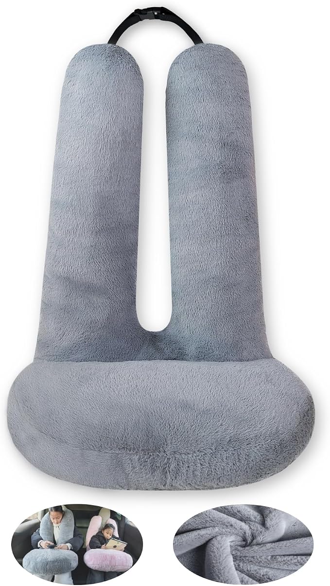 FHSGGP Travel Pillow Car Travel Sleep Support Pillow | 2-in-1 Lap Pillow and Car Pillow With Neck and Body Support for Adults and Kids on Long Trips Kids Travel Pillow Gray