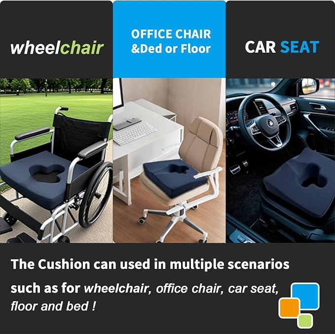 Gel Wheelchair Seat Cushion,Bed Sore Cushions for Butt, Memory Foam Hemorrhoid Pillow for Chairs,Butt Pillow for Pressure Sore&Ulcer Pain,Sciatica &Coccyx Pain Relief,Washable-Cover(Blue)