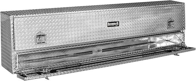 Buyers Products 1705650 Diamond Tread Aluminum Contractor Truck Tool Box – 2-Tier Storage, 88 x 21 x 13.2 in, Flip-Up Door with Gas Shocks, Weather-Resistant, No-Drill Install – Made in USA