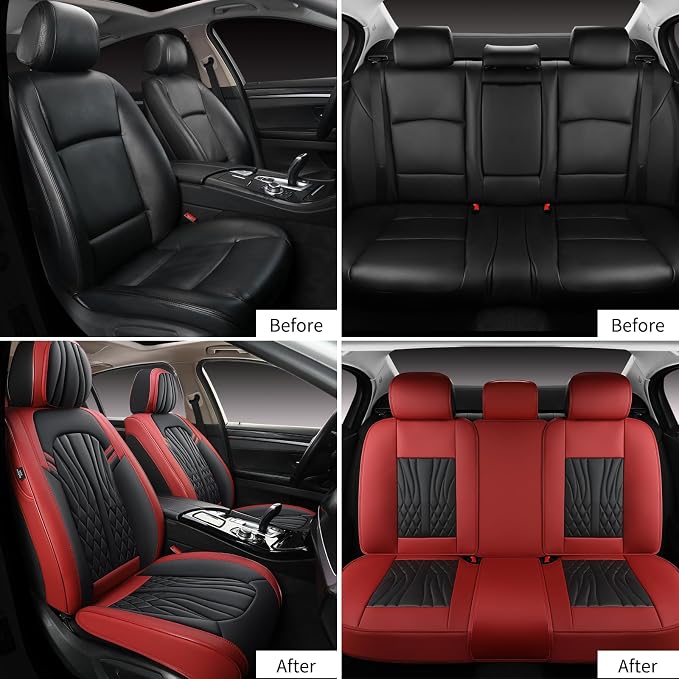 MINGBRON Leather Car Seat Covers,Car Seat Protector Waterproof,Seat Covers Full Set, Car Seat Protectors 5 Seats,Automotive Seat Covers Fit Most Cars Wine Red