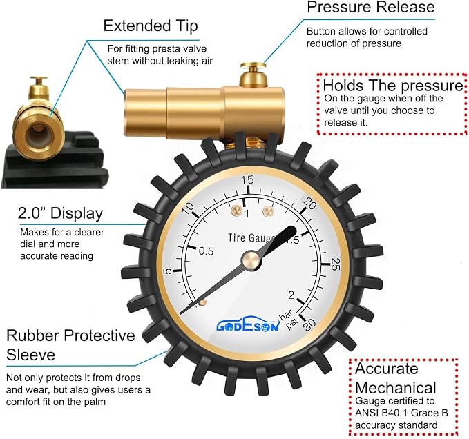 GODESON Presta Tire Pressure Gauge, Presta Valve Tire Pressure Gauge