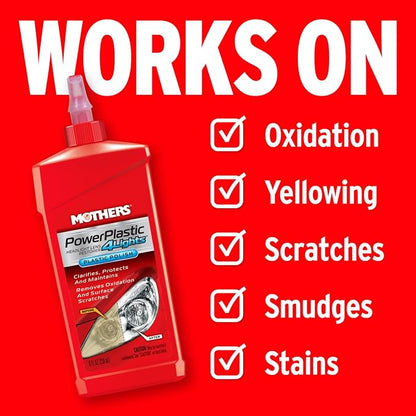 Mothers PowerPlastic 4Lights Plastic Polish, 8 oz. — Ultra-Fine Polish Cleans, Clarifies & Removes Oxidation from Plastics & Headlights, UV Shield Prevents Oxidation & Yellowing (08808)