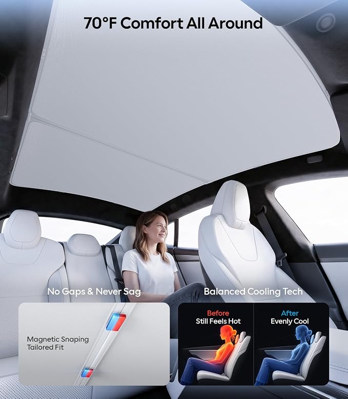 Wigoo Tesla Model S Sunshade Roof [Never Sag, Nano Ice-Crystal Coatings] 3-Gen Heat Insulation Glass Roof Sun Shade, Accessories for Tesla Model S 2020~2026, Tesla Interior Gray