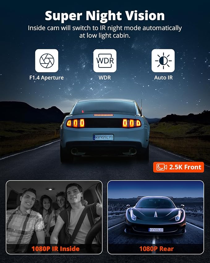 Kingslim 3 Channel 5G WiFi Dash Cam with 64GB Card, 2.5K/1080P Front and Rear Inside Dashcam, 2.5K/1080P/1080P Three Way Dash Camera for Cars Auto IR Night Vision, Loop Recording, APP Control(O3PRO)