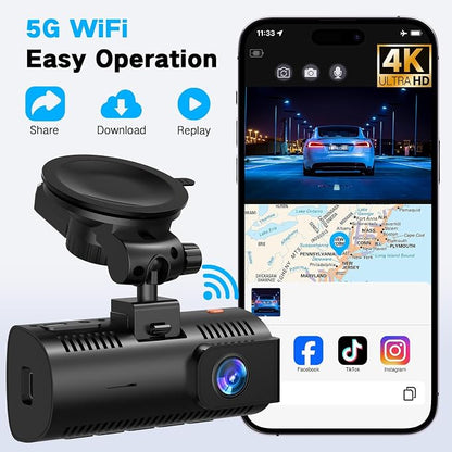 4K Dash Cam Front and Rear/Inside, Car Mount Dash Camera with 5G Wi-Fi, GPS, 3" IPS Screen, 64GB SD Card Included, Night Vision, G-Sensor, 24H Parking Mode, Loop Recording, APP Control, Black