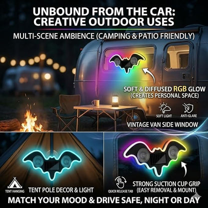 Solar Powered Bat LED Car Light, Wireless RGB Visor Atmosphere Lamp | 100% solar powered bat-shaped LED car lamp. Wireless RGB ambient light with dual smart motion light sensors & suction cup.
