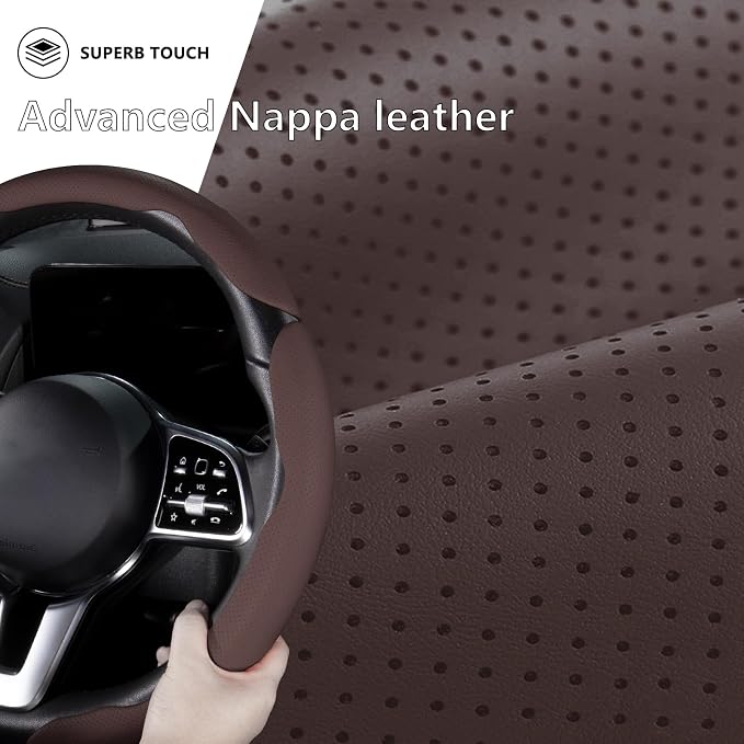 Car Steering Wheel Cover Leather Snap On 3Pcs Set Non-Slip Protector Wrap Steering Wheel Accessories 14.5-15 inch Universal Brown