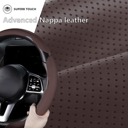 Car Steering Wheel Cover Leather Snap On 3Pcs Set Non-Slip Protector Wrap Steering Wheel Accessories 14.5-15 inch Universal Brown
