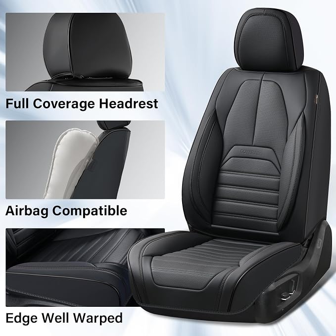 Coverado Car Seat Covers Full Set, Black Seat Covers for Cars, Automotive Seat Covers, Waterproof Nappa Leather Front Seats and Back Car Seat Protector, Universal Fit for Most Cars SUV Trucks
