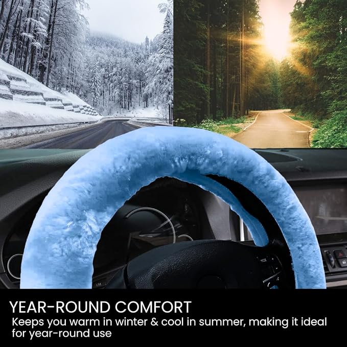 Andalus Brands Luxury Fluffy Car Steering Wheel Covers – Genuine Merino Sheepskin, Soft Fuzzy Car Steering Wheel Cover for Women, Universal 14.5-15" Size, Plush Fur Cute Auto Accessories, Sky Blue