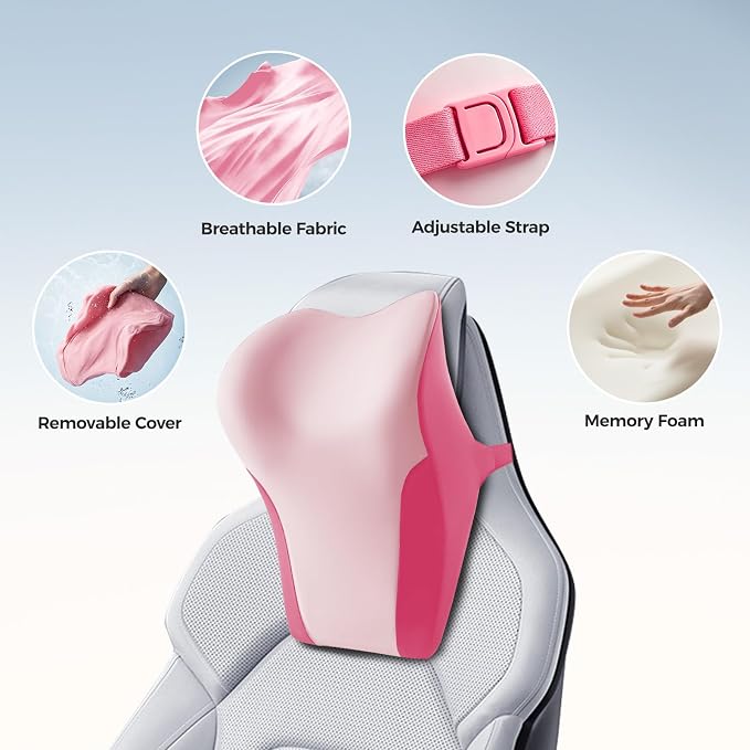 BABUR Car Neck Pillow for Driving Seat, Memory Foam Car Headrest Pillow, Ergonomic Neck Support, Breathable Removable Cover, Adjustable Strap, Pain Relief for Long Drives, Universal Fit | Pink