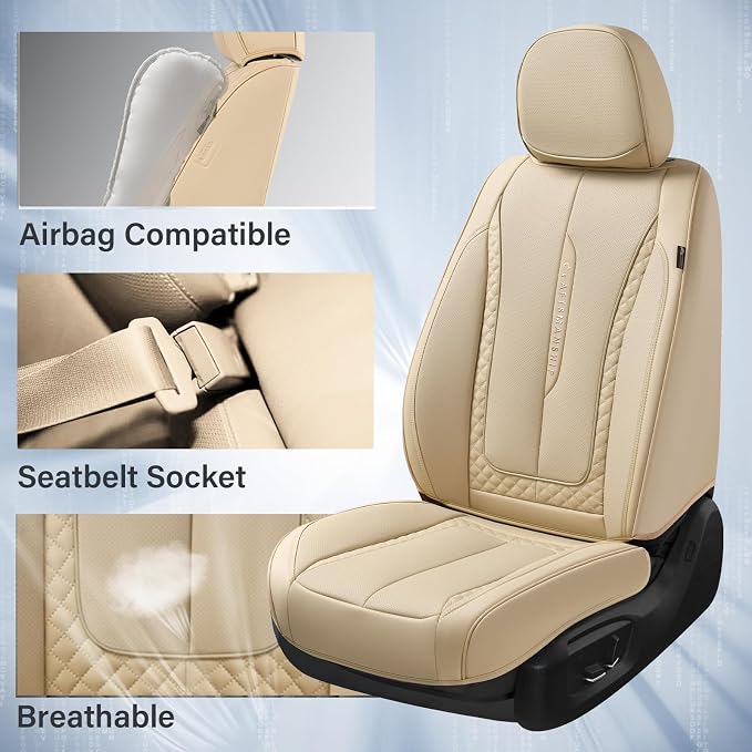 Coverado Car Seat Covers Full Set, Beige Seat Covers Front Seats Back Seat Covers, Nappa Leather Waterproof Car Seat Cover, Car Seat Cushion, Car Seat Protector Universal Fit Most Cars