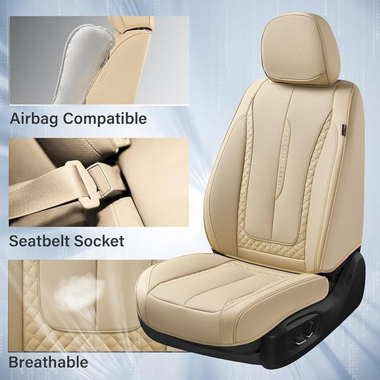 Coverado Car Seat Covers Full Set, Beige Seat Covers Front Seats Back Seat Covers, Nappa Leather Waterproof Car Seat Cover, Car Seat Cushion, Car Seat Protector Universal Fit Most Cars