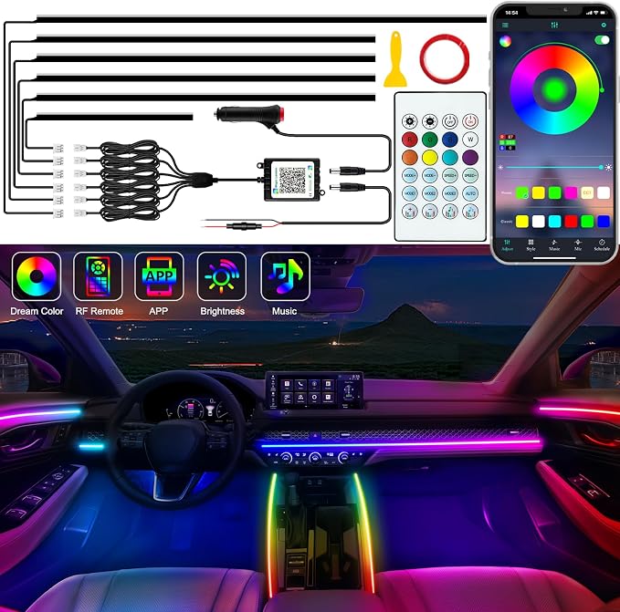 Jushope Interior Car LED Strip Lights, Acrylic LED Lights for Car with Dynamic Dreamcolor Chasing, Ambient Lighting Kits Music Sync Wireless APP and RF Remote Control (6 in 1)