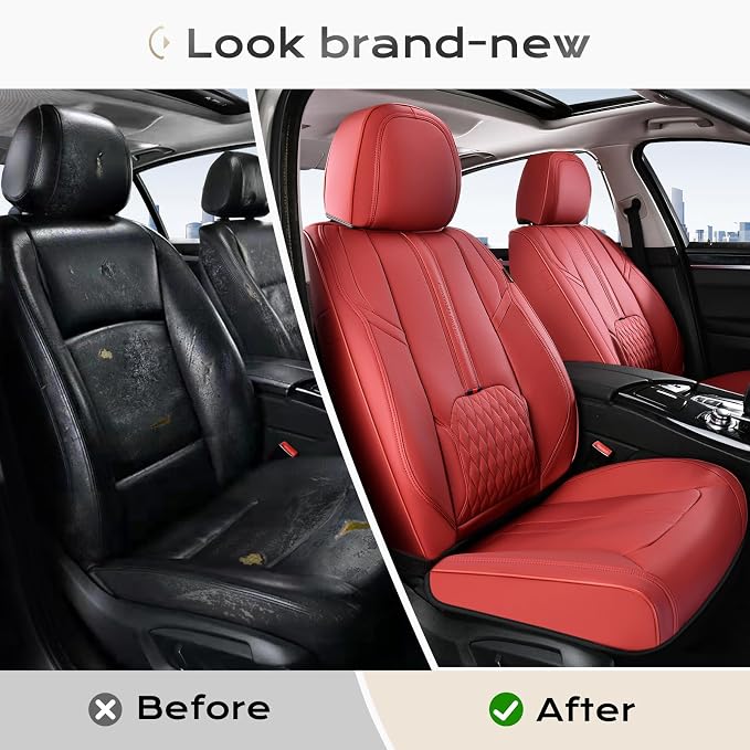 Coverado Front and Back Seat Covers, Red Seat Cover for Cars, Luxury Leather Seat Cover with Lumbar Support, Waterproof Car Seat Cushions Car Seat Protectors Universal Fit for Most Cars SUV Trucks
