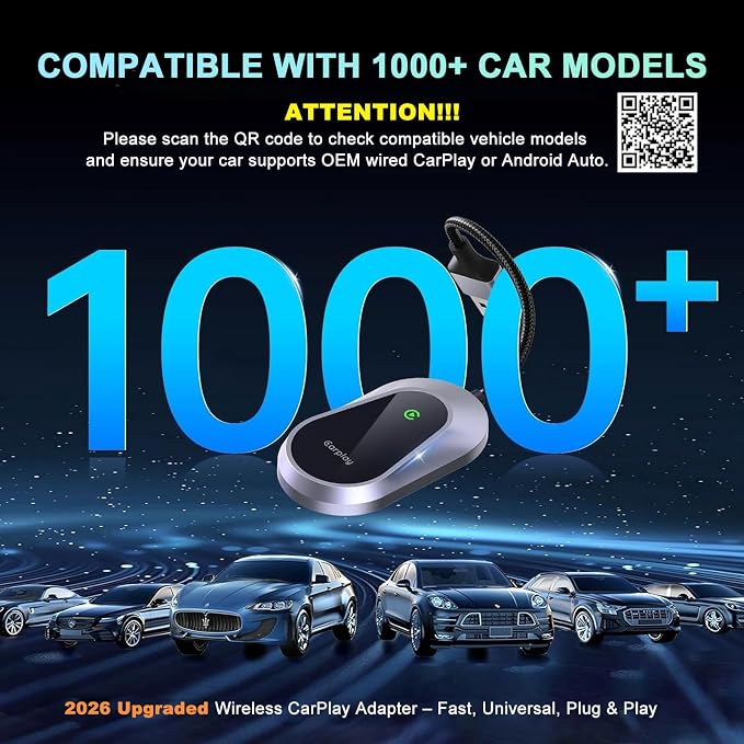 2026 Wireless CarPlay Adapter & Android Auto Wireless Adapter, Universal Plug & Play USB/Type-C, Titanium Alloy Fast Heat Dissipation, LED Music Sync Light, Fits 1000+ Car Models