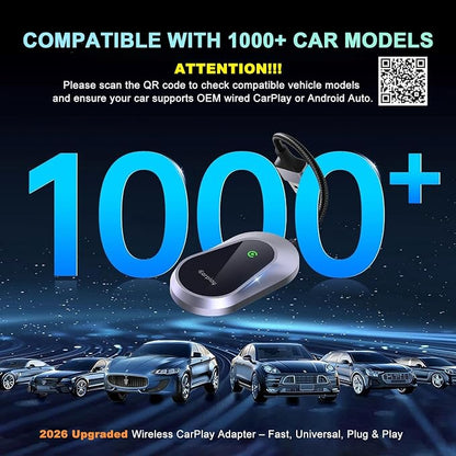 2026 Wireless CarPlay Adapter & Android Auto Wireless Adapter, Universal Plug & Play USB/Type-C, Titanium Alloy Fast Heat Dissipation, LED Music Sync Light, Fits 1000+ Car Models