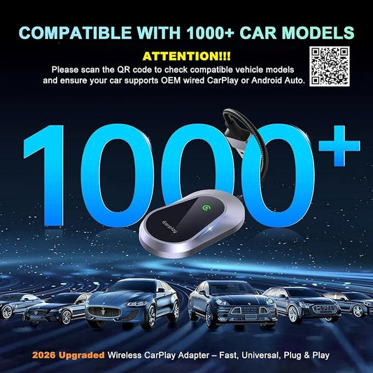 2026 Wireless CarPlay Adapter & Android Auto Wireless Adapter, Universal Plug & Play USB/Type-C, Titanium Alloy Fast Heat Dissipation, LED Music Sync Light, Fits 1000+ Car Models