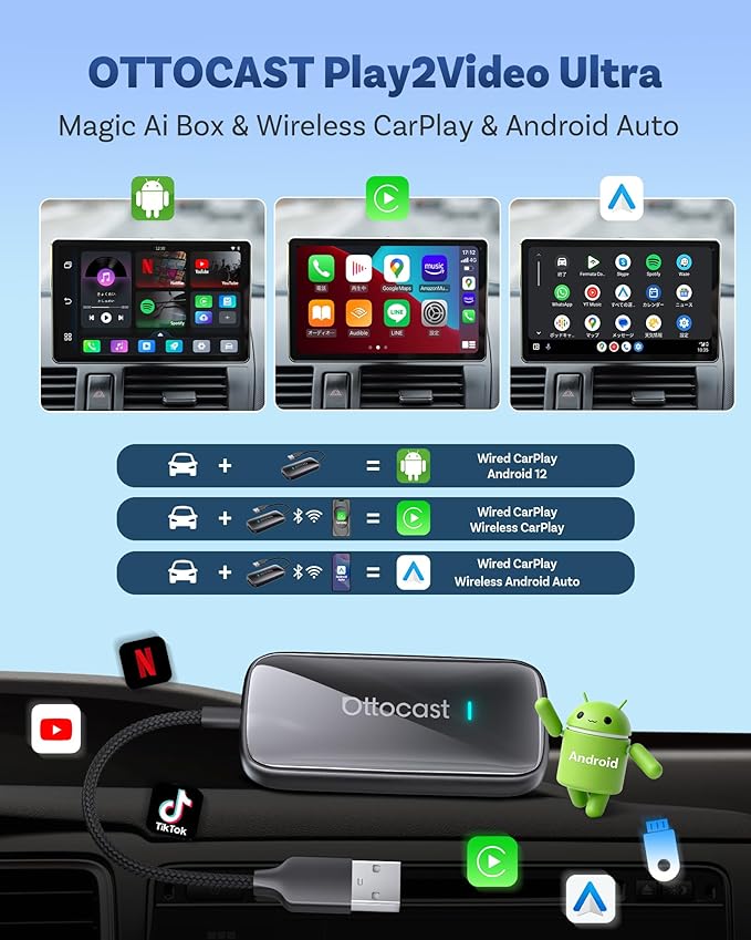 OTTOCAST Play2Video Ultra with Wireless Air Mouse Remote Control Set, Carplay Adapter 2026 Upgrade Compatible with Wireless CarPlay/Android Auto