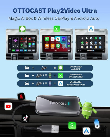 OTTOCAST Play2Video Ultra with Wireless Air Mouse Remote Control Set, Carplay Adapter 2026 Upgrade Compatible with Wireless CarPlay/Android Auto