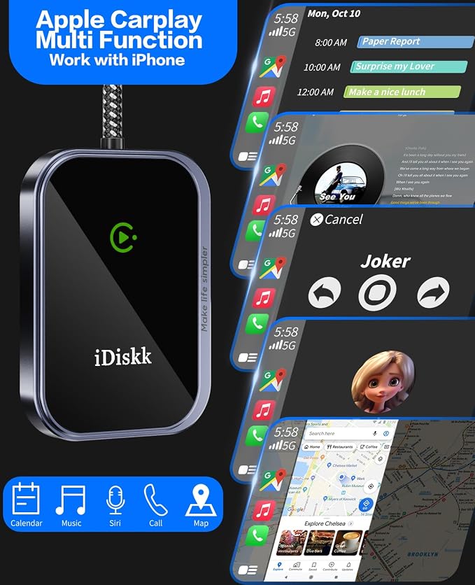 iDiskk Wireless CarPlay Adapter for iPhone and iOS 10+, Convert Wired CarPlay to Wireless, Plug-and-Play, 2025 Upgraded No Latency with USB C Wired CarPlay
