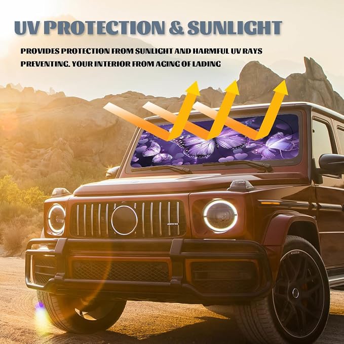 Purple Butterfly Car Windshield Sun Shield, 59*31.5 Inches, UV Rays Protection, Universal Fit for SUV, Truck, Car