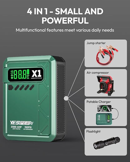 YESPER Jump Starter with Air Compressor 2000A 150PSI Battery Jumper Starter Portable(8L Gas/6L Diesel), 12V Car Jump Pack Battery Charger Jump Box with Jumper Cables, LCD Display, Lights