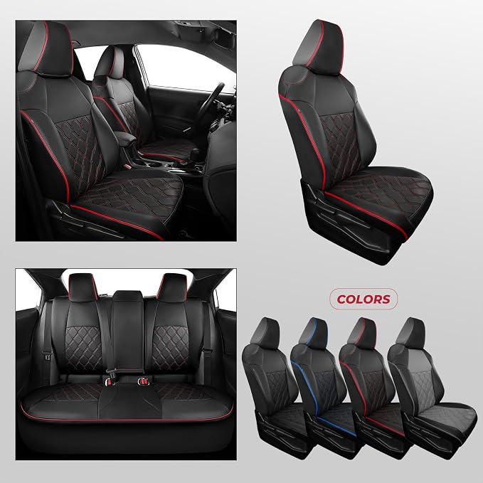 FREESOO for Toyota Corolla Seat Covers L LE XLE, LE Eco Sedan 2014 2015 2016 2017 2018 2019, Luxury Leather Seat Covers for Cars, Custom Fit Car Seat Covers, Waterproof Seat Cover, Black Red Full Set
