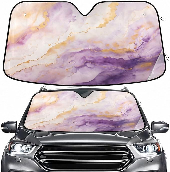 Windshield Sun Shade Purple Gold Marble Front Window Block UV Shades Visor Reflective Retractable for Car SUV Trucks