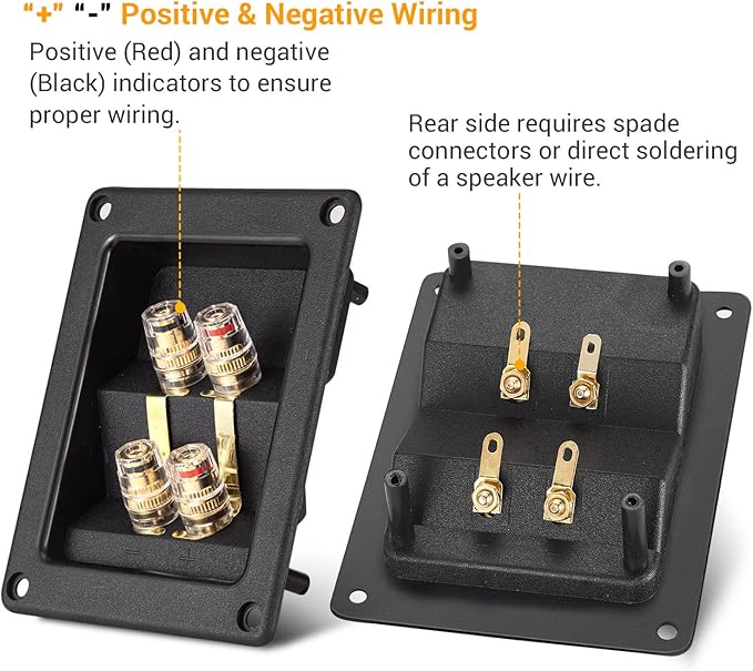 Facmogu 2PCS Rectangle 4-Way Speaker Terminal Box, Gold-Plated Binding Post Terminal Cable Connector for DIY Applications, Terminal Cups with 2 Pairs Banana Plug Socket Connector & 4PCS Screws
