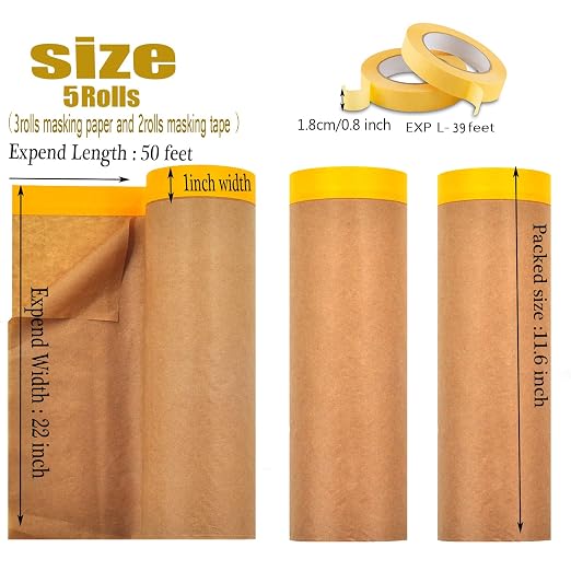 Pre-Taped Paint Masking Paper and Masking Tape Sets,3 Rolls 22inch-50feet Painters Paper and 2 Rolls Painters Tape, Automotive Paint Paper, Tape and Drape Waterproof for Painting Protection Covering