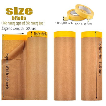 Pre-Taped Paint Masking Paper and Masking Tape Sets,3 Rolls 22inch-50feet Painters Paper and 2 Rolls Painters Tape, Automotive Paint Paper, Tape and Drape Waterproof for Painting Protection Covering