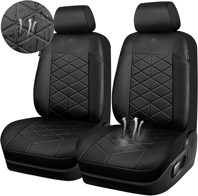 CAR PASS Memory Foam Leather Front Seat Covers, Perforated Nappa Leather Car Seat Covers Front Seats, Universal Fit for Cars, SUV, Trucks, Luxury Comfort Breathable, Thick 3D Foam Leather All Black