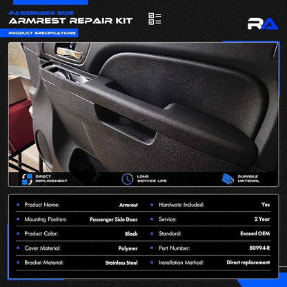 80994 Front Right Passenger Side Armrest Repair Kit Fit for Chevy Silverado Suburban Tahoe Avalanche For GMC Sierra Yukon 2010-2014 Door Panel with Release Handle Above Armrest - Black - GM# 84127325 | Fit for GMC Sierra Yukon 2010-2014 | Fits Door Pan...