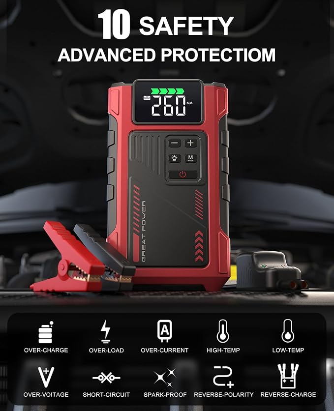 4500A Car Jump Starter with Air Compressor, Portable Battery Charger Jumpstart 12V Vehicle, Power Pack with 150PSI Tire Inflator for 9.0L Gas/7.5L Diesel Engines Jump Box with Light and Jumper Cable