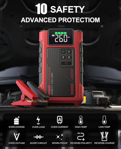 4500A Car Jump Starter with Air Compressor, Portable Battery Charger Jumpstart 12V Vehicle, Power Pack with 150PSI Tire Inflator for 9.0L Gas/7.5L Diesel Engines Jump Box with Light and Jumper Cable