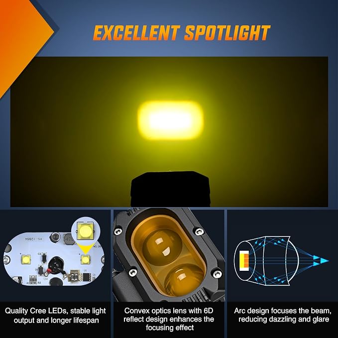 Nilight LED Pod Light 48W 4 Inch 2 PCS Yellow Spot Beam Driving Lights LED Pods IP67 Waterproof Auxiliary Offroad Lighting for Truck Tractor SUV ATV UTV Golf Cart Boat Motorcycle Dirt Bike